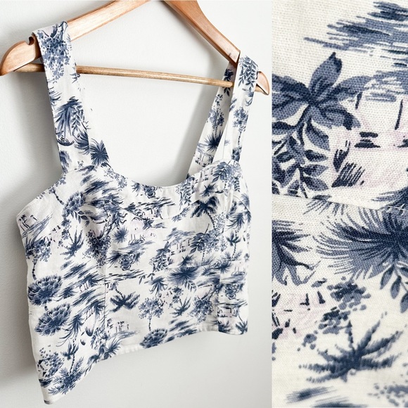 Abercrombie Tropical blue print linen crop top Sz. L - Picture 1 of 7